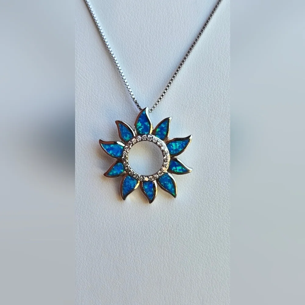 Sterling Silver 925 Necklace Silver 925 Blue Sunflower Opal Pendant Necklace - Picture 12 of 17